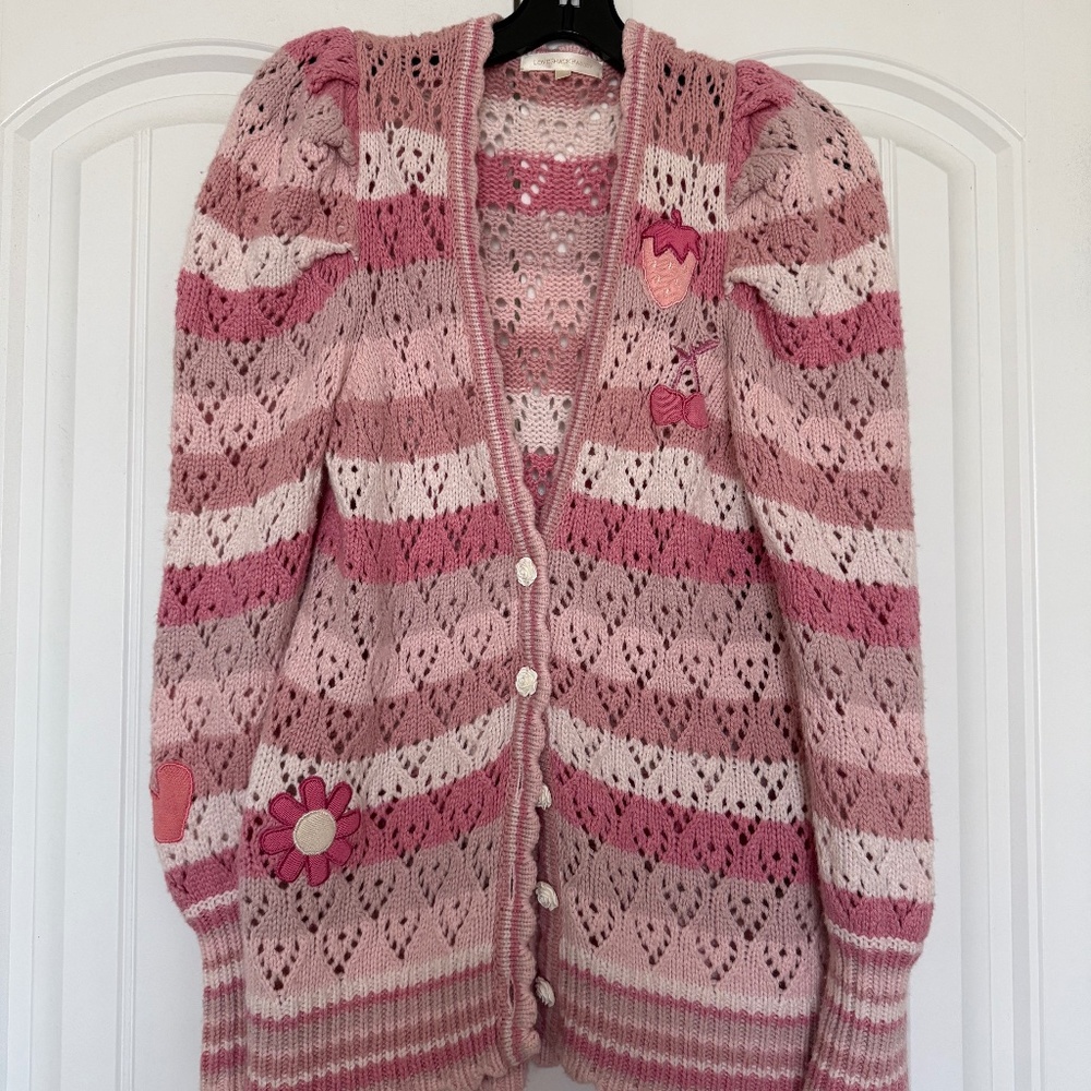 Loveshackfancy pink cardigan size XS rose buttons stripes patches